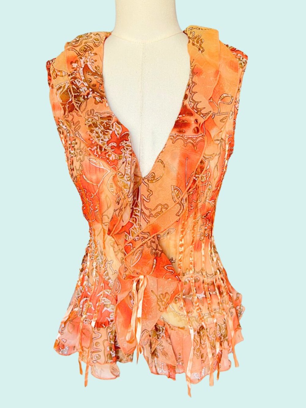 Sleeveless Orange Print Ruffle V-Neck Blouse
